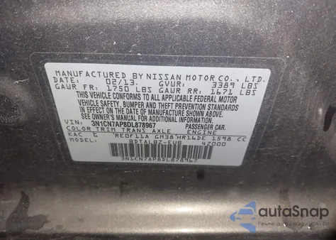 2013 Nissan Versa 1.6 Sv из США, поврежденный, VIN 3N1CN7AP8DL878967